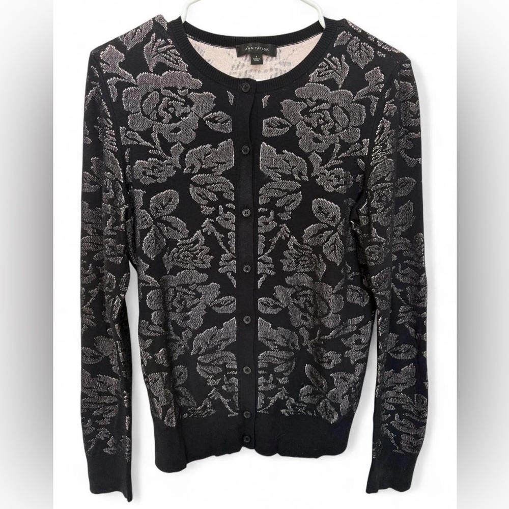 NWOT Ann Taylor Black Floral Lacey Button Down Cardigan Sweater Small Classy